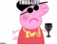 a cartoon pig is wearing a hat , sunglasses , a necklace and holding a wine glass .