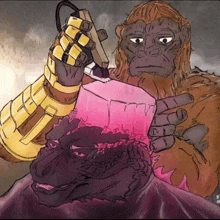 a cartoon drawing of a gorilla holding a purple object