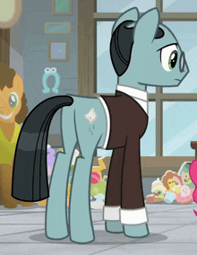 a cartoon pony wearing glasses and headphones stands in front of a window