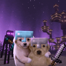 two puppies are posing for a picture with a minecraft background