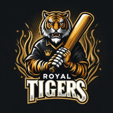 a tiger is holding a baseball bat with the words royal tigers below it