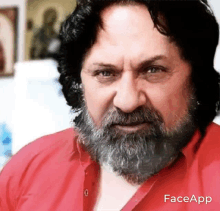 a man with a beard wearing a red shirt has faceapp written on the bottom