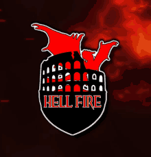 a logo for hell fire with a red dragon on top of a black shield