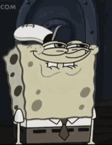 a cartoon of spongebob wearing a hat and tie with the word com behind him