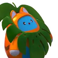 a blue and orange cartoon character with a green leaf behind it