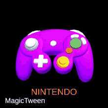 a purple nintendo game controller with white buttons and green buttons