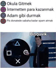 a man is pressing a button that says okula gitmek on it