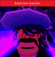 a cartoon of a man with glasses and a hat with the words " artuh live reaction " above him