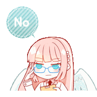 a girl with glasses and a clipboard has a speech bubble that says no