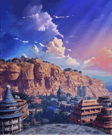 a painting of a city on top of a hill with a blue sky in the background