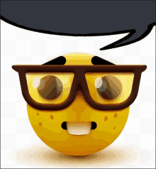 a yellow smiley face wearing glasses with a speech bubble above it