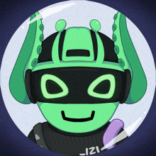 a cartoon character wearing headphones and a helmet with the letters izi on the bottom