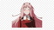 a girl with pink hair and horns is smiling