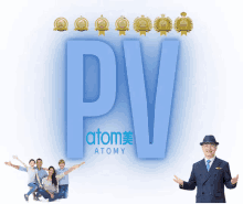 a man in a suit stands in front of a blue pv atomy logo