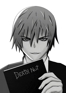 a black and white drawing of a person holding a book titled death note