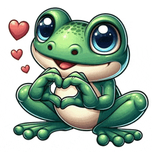 a frog is making a heart shape with its hands surrounded by hearts .