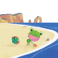 an illustration of a frog on a beach with a bucket of shells