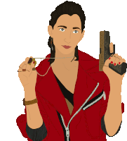 a woman in a red jacket holding a gun