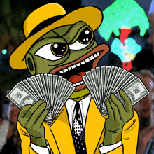 a cartoon of a frog in a suit holding a fan of money