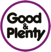 the logo for good & plenty is a purple circle with black text .