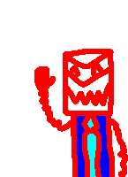 a red and blue drawing of a monster with a telephone