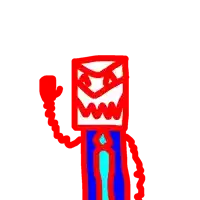 a red and blue drawing of a monster with a telephone