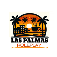 a logo for las palmas roleplay with a cup of coffee on the beach