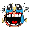 a pixel art drawing of a cartoon character with a big mouth and tears coming out of it .