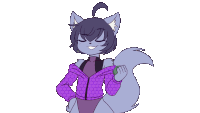 a drawing of a cat wearing a purple jacket and a swimsuit