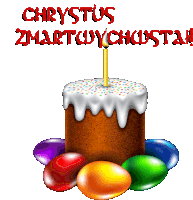 a cake with sprinkles and a candle with the words chrystus zmartwychwsta on the top