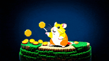 a pixel art of a hamster holding a coin in its mouth