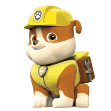 rubble from paw patrol is sitting down with a wrench on his back