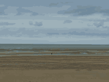 a person walking on a beach with a cloudy sky