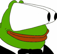 a green frog wearing a tuxedo and bow tie has a white object in his eyes .