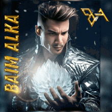 a man in a silver jacket is holding something in his hands with the name balalaika written on the bottom