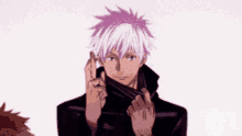 a man with purple hair and a black jacket is holding a gun .