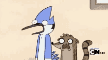 a regular show cartoon of a bird and a raccoon standing next to each other