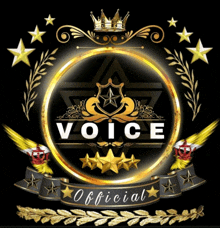 a logo for voice official with gold stars and laurel wreaths