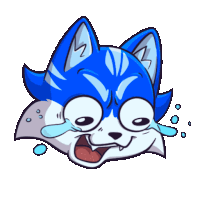 a cartoon drawing of a blue fox with tears coming out of its eyes