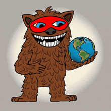 a cartoon drawing of a monster wearing a mask and holding a globe