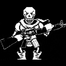 papyrus from undertale is holding a gun in a pixel art style .