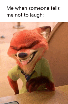 a cartoon fox is making a funny face while sitting at a desk .