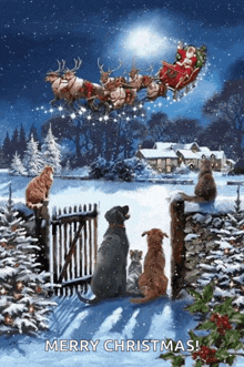 a painting of dogs and cats looking at santa in his sleigh