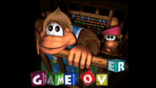 a game over screen with a monkey holding blocks