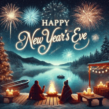 a happy new year 's eve greeting card with two people sitting by a lake