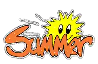 the word summer is written in orange and yellow with a smiling sun