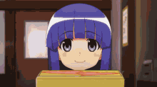 a girl with blue hair is smiling while holding a yellow box