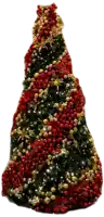 a christmas tree is decorated with red and gold decorations