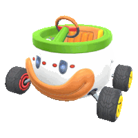 a cartoon car with a green steering wheel and yellow wheels