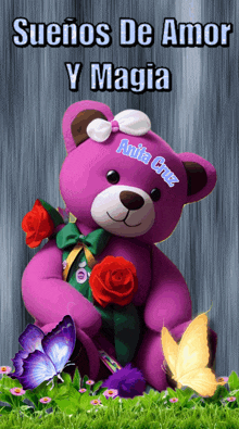 a purple teddy bear with the name anita cruz on it is surrounded by butterflies and flowers